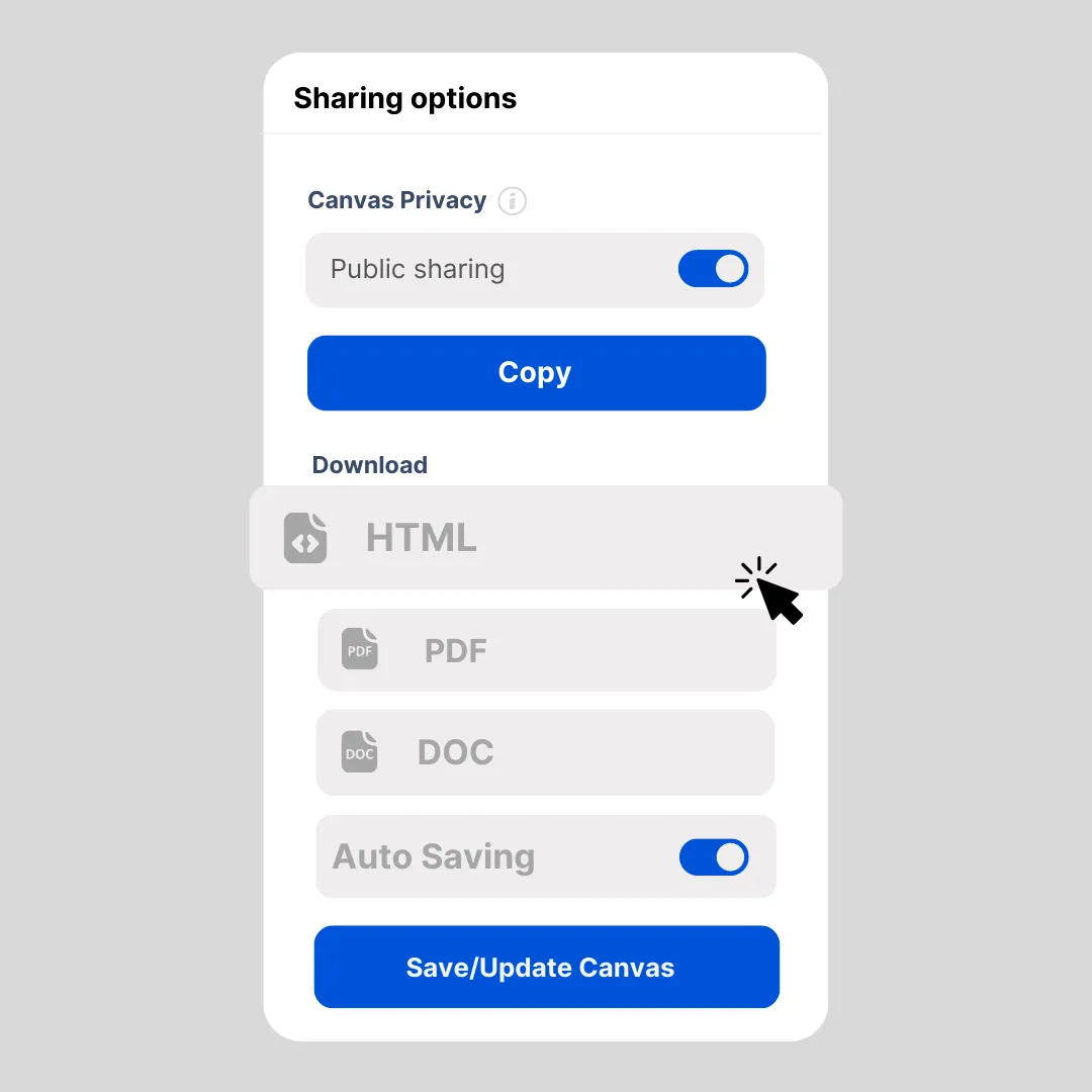 Canvas sharing options with the HTML download button highlighted